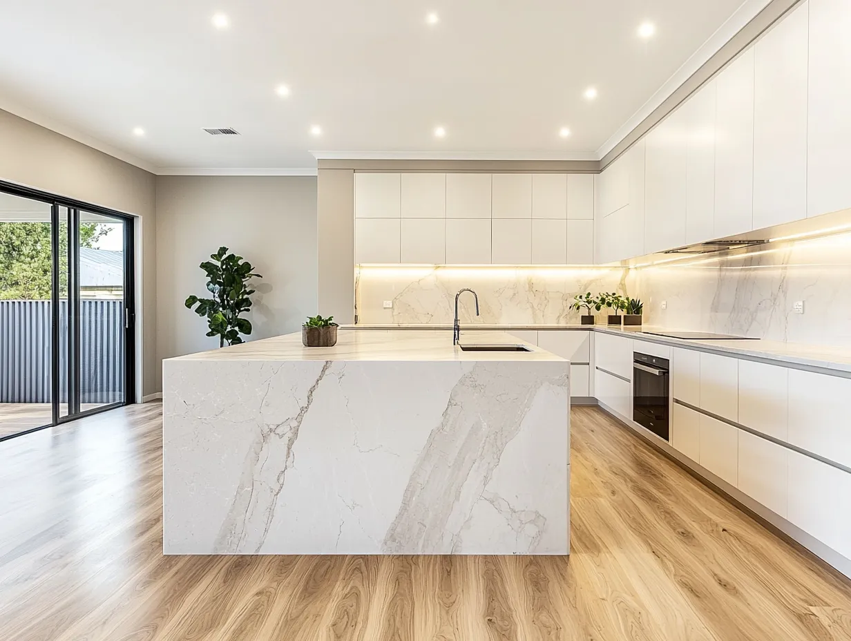 Bright open-plan kitchen with marble benchtop and timber floors