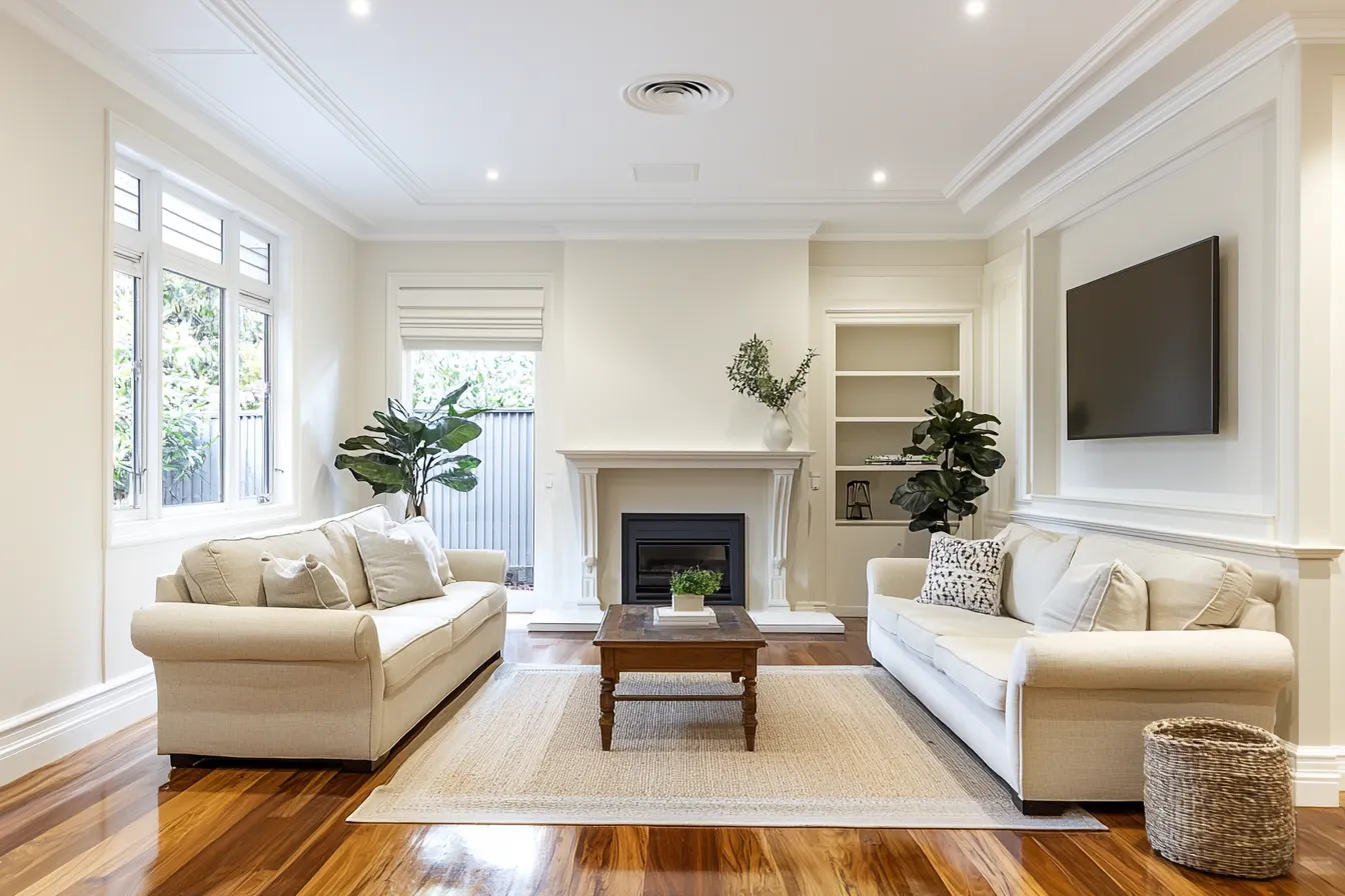 Classic cream painted lounge room with detailed cornices and mantel