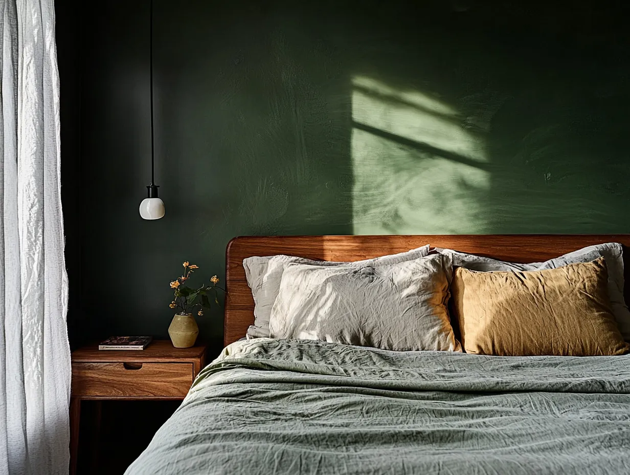 Moody green feature wall in painted bedroom