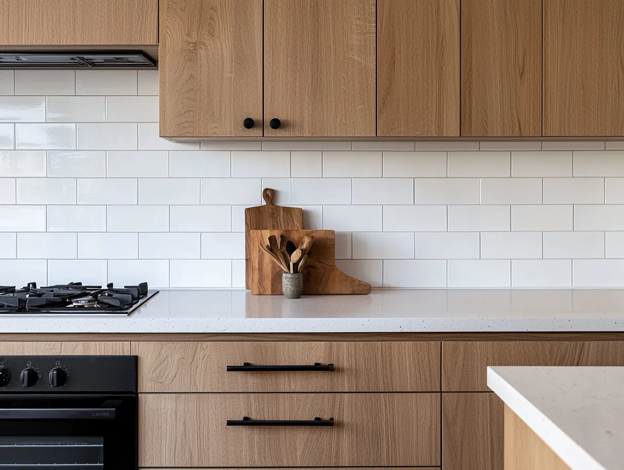 Oak veneer cabinetry with white subway tile splashback