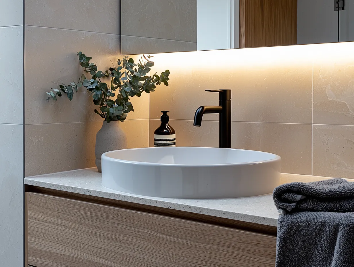 White vessel basin with backlit mirror and warm stone tiling