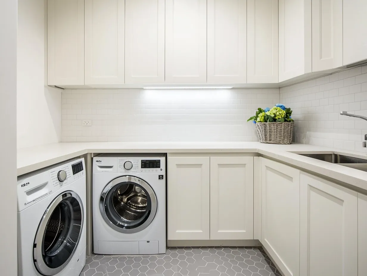Shaker-style laundry cabinetry with subway tile splashback
