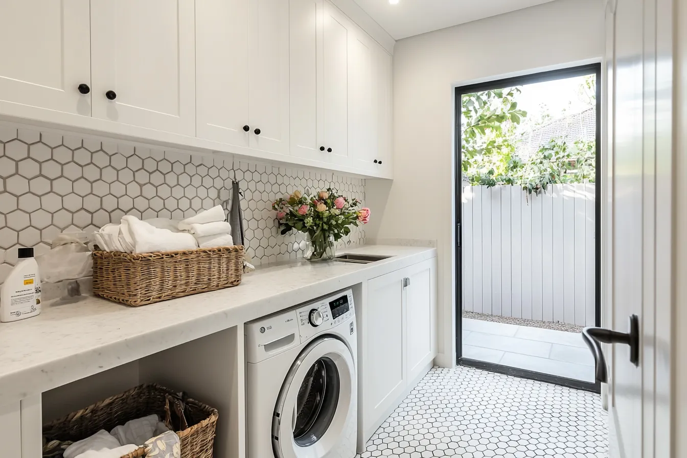 White Hamptons laundry with honeycomb tile splashback and garden access