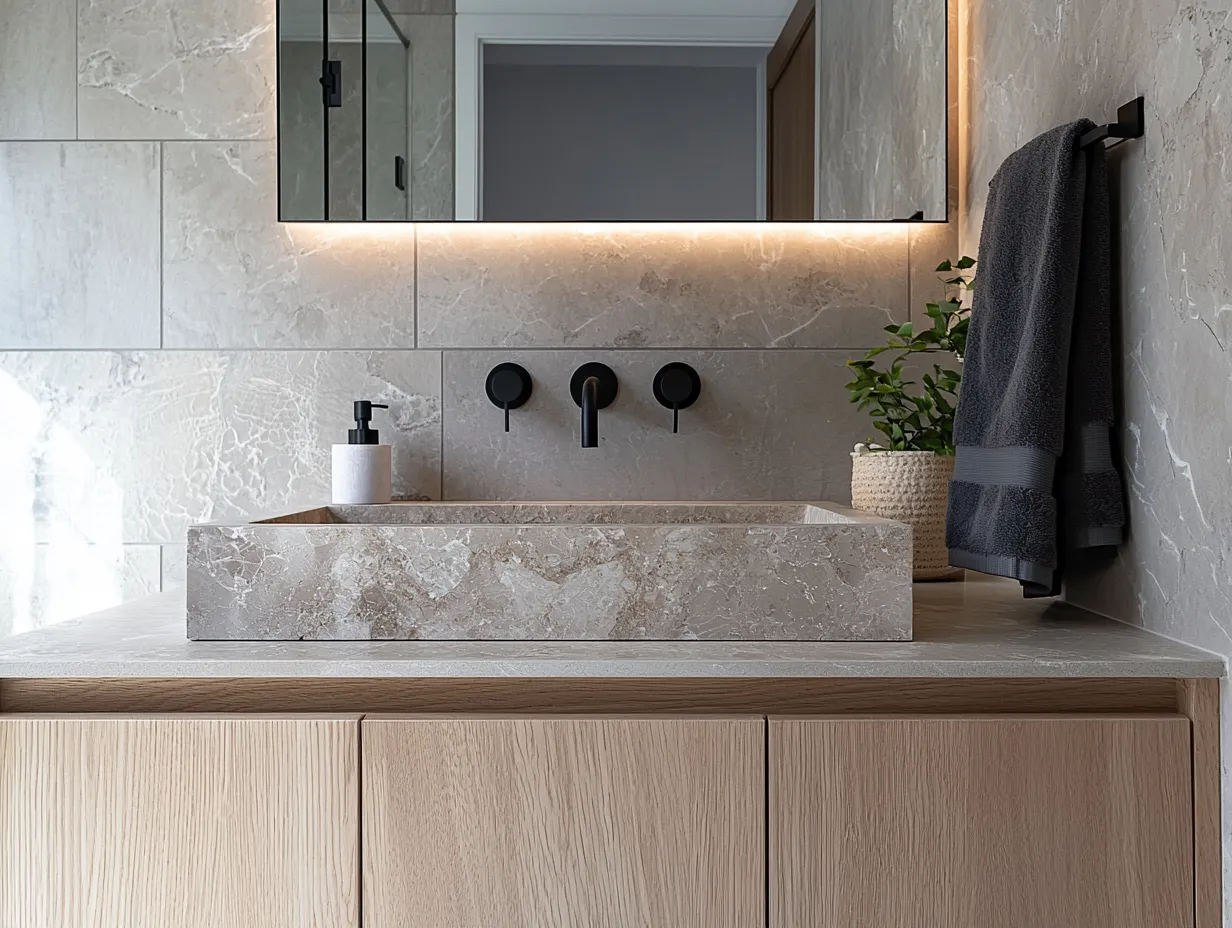 Carved stone trough basin with twin wall-mounted black tapware