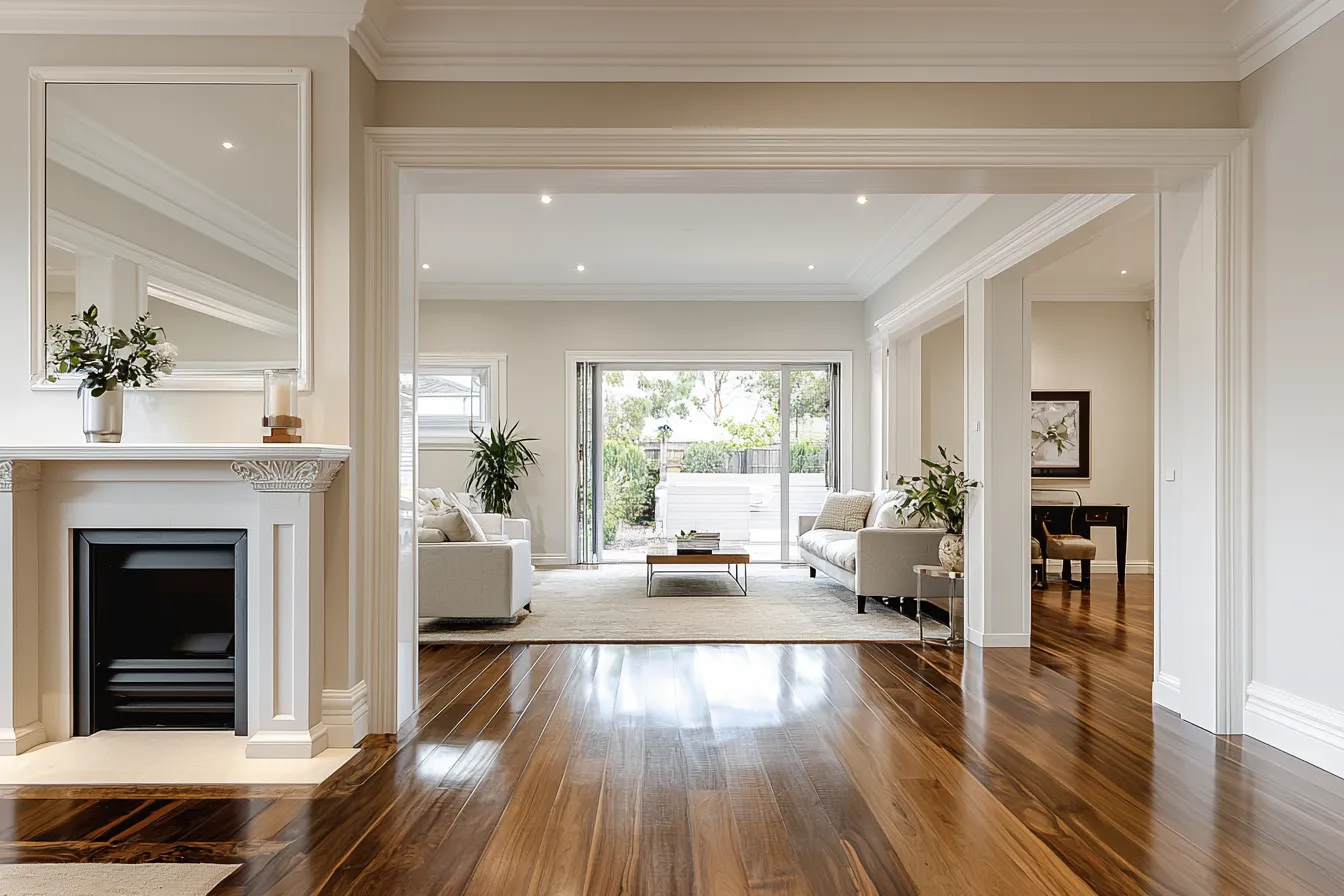 Painted open-plan interior with bright white walls and trims