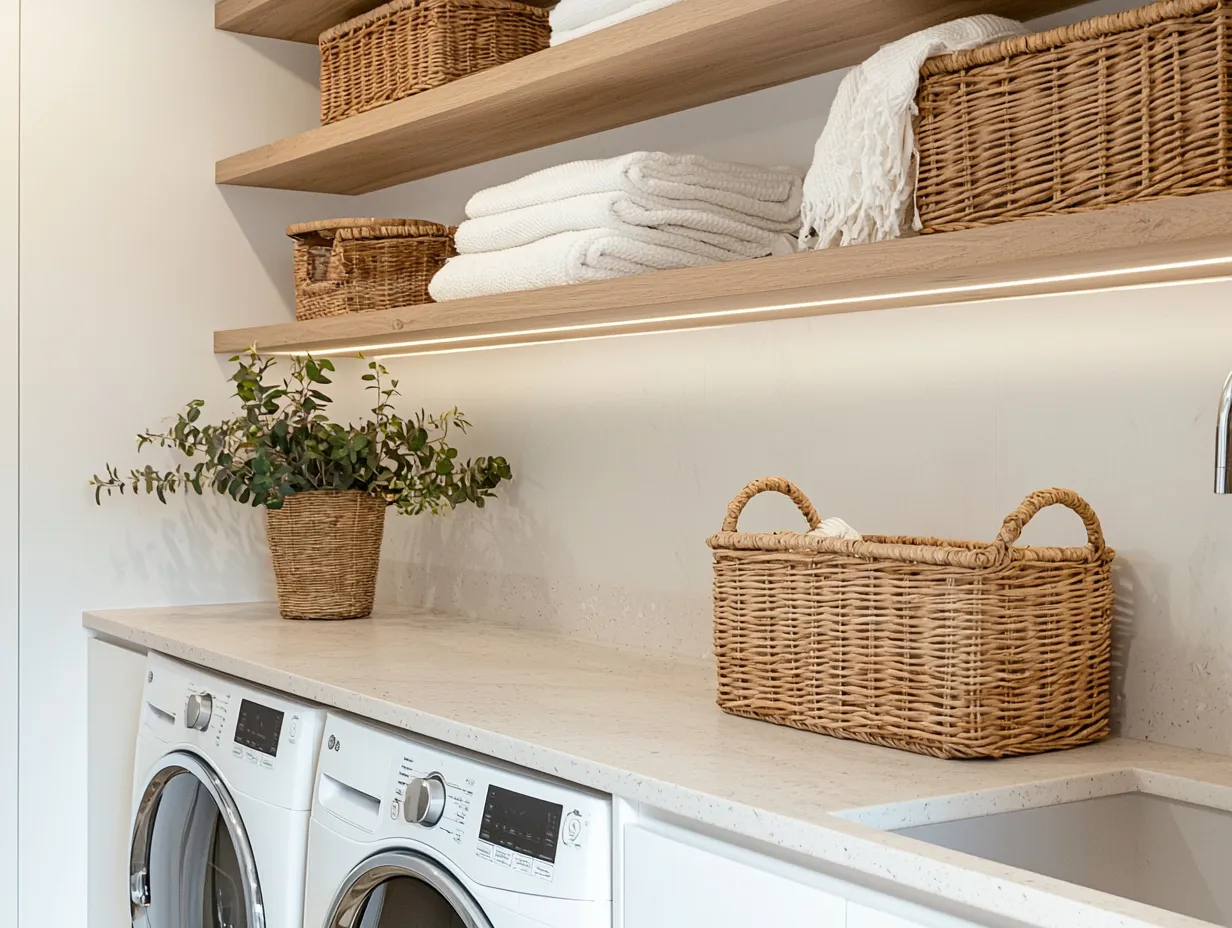 Floating timber shelves with linen and baskets above laundry bench