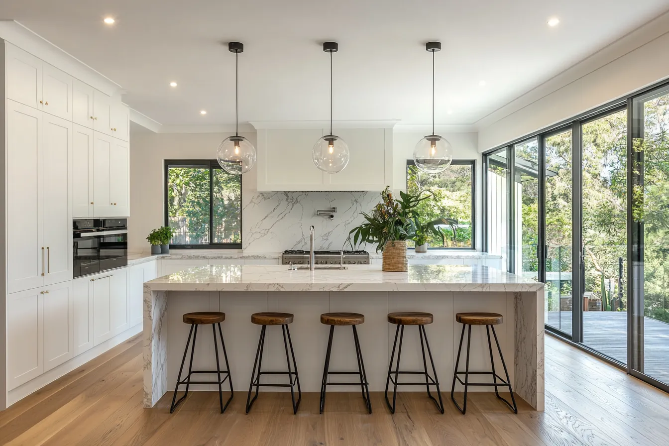 Hamptons-style kitchen with marble island and timber stools