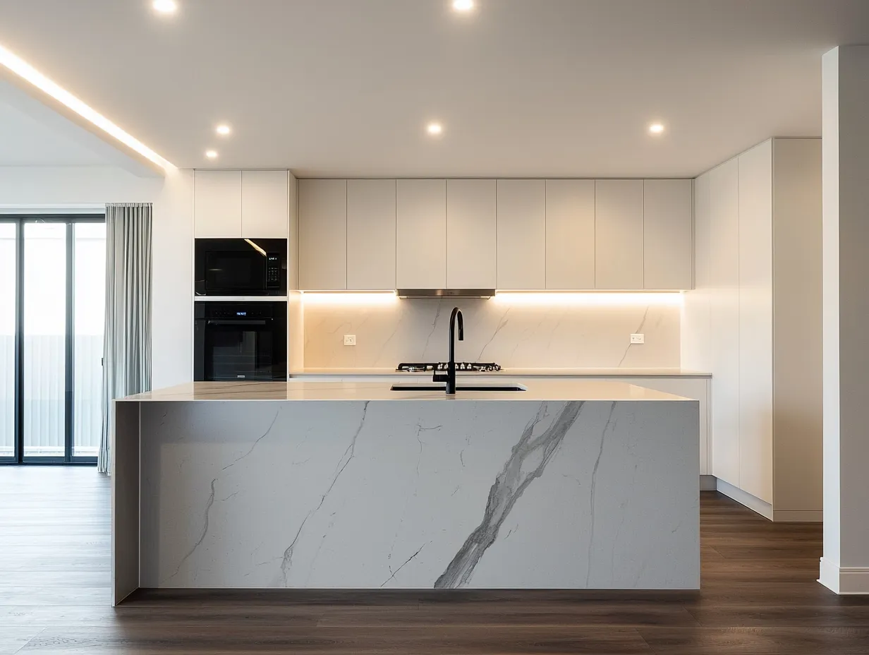 Minimalist white kitchen with marble waterfall island