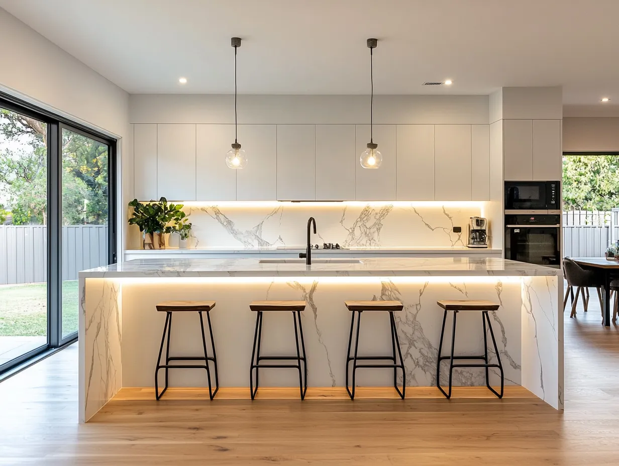Marble island kitchen with timber stools and pendant lights