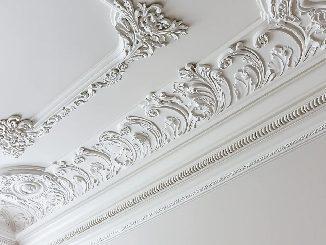 Ornate decorative plaster cornice and ceiling rose