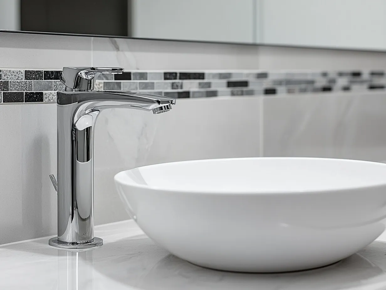 Vessel basin with chrome mixer and mosaic feature tile band