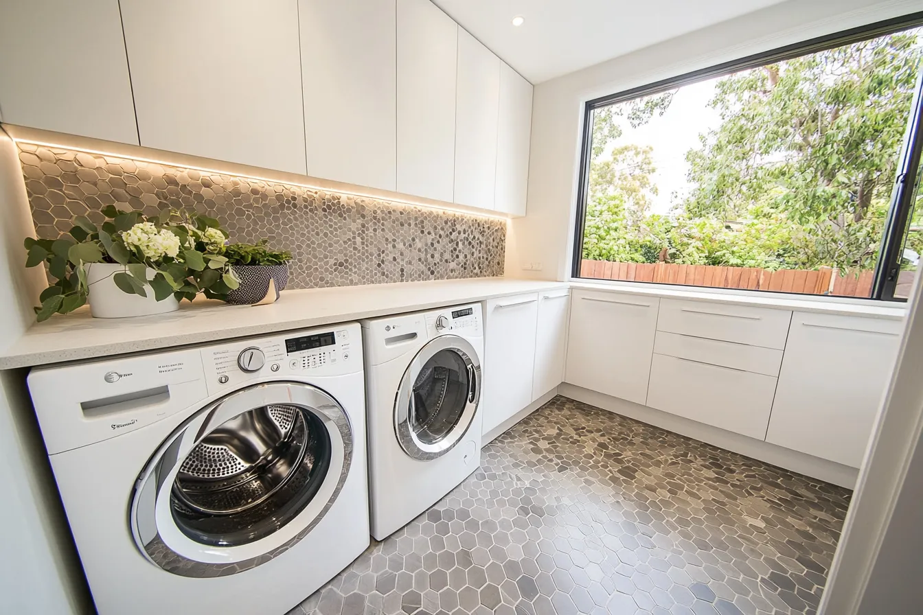 Bright laundry with mosaic splashback and large garden window