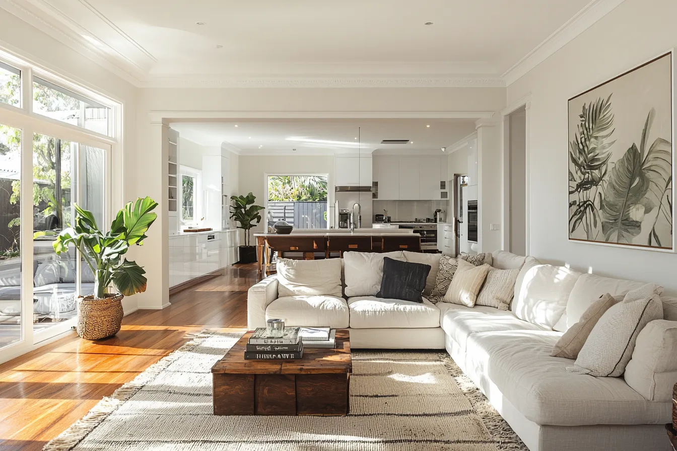 Modern painted open living and kitchen in soft whites
