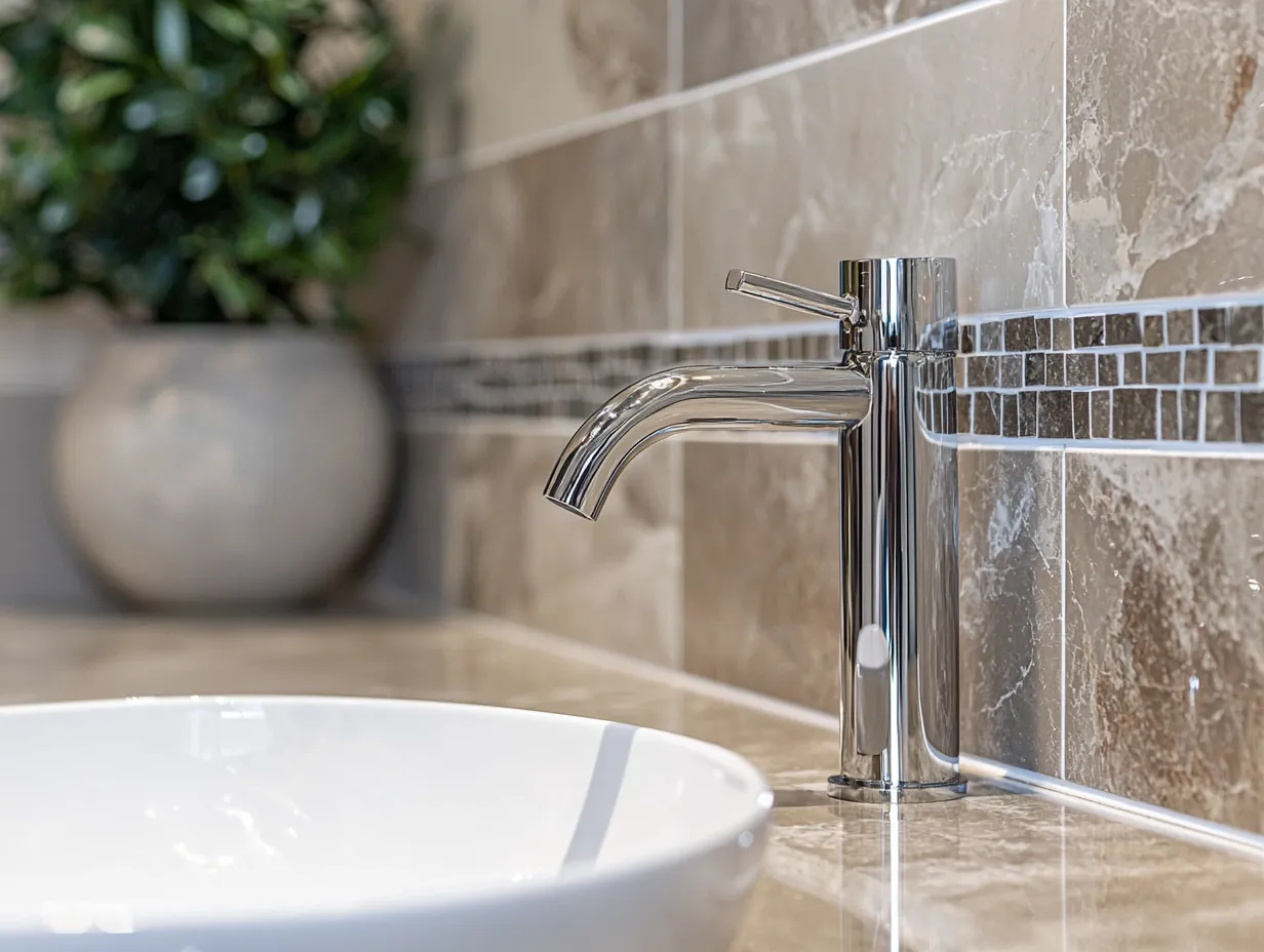 Curved chrome tapware against marble tile with mosaic border