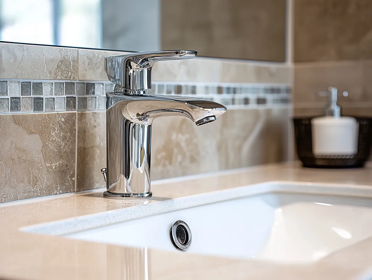 Chrome tapware on stone vanity with glass mosaic feature strip