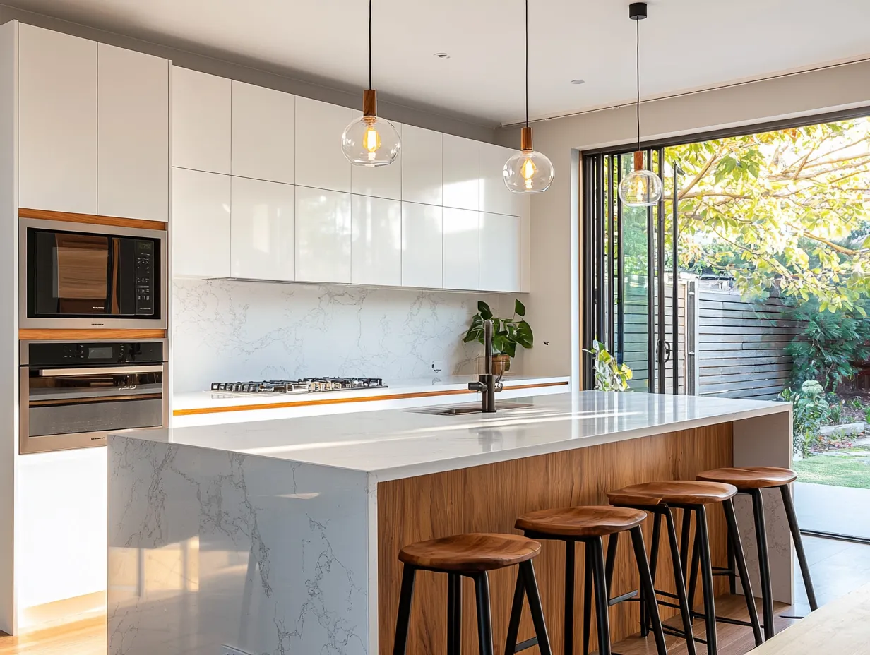 Two-tone kitchen with marble splashback and timber island