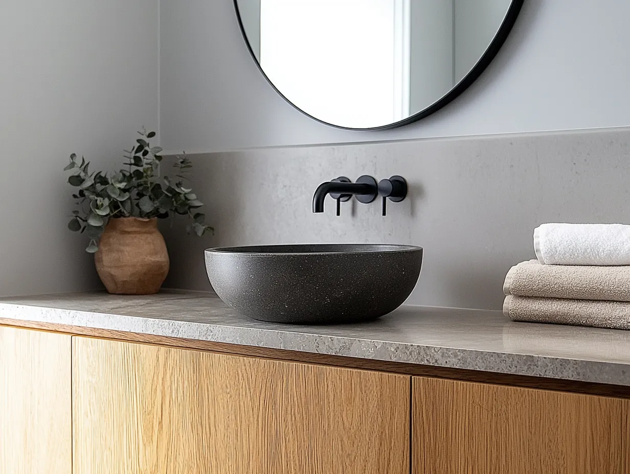 Round mirror with charcoal stone basin and wall-mounted black mixer