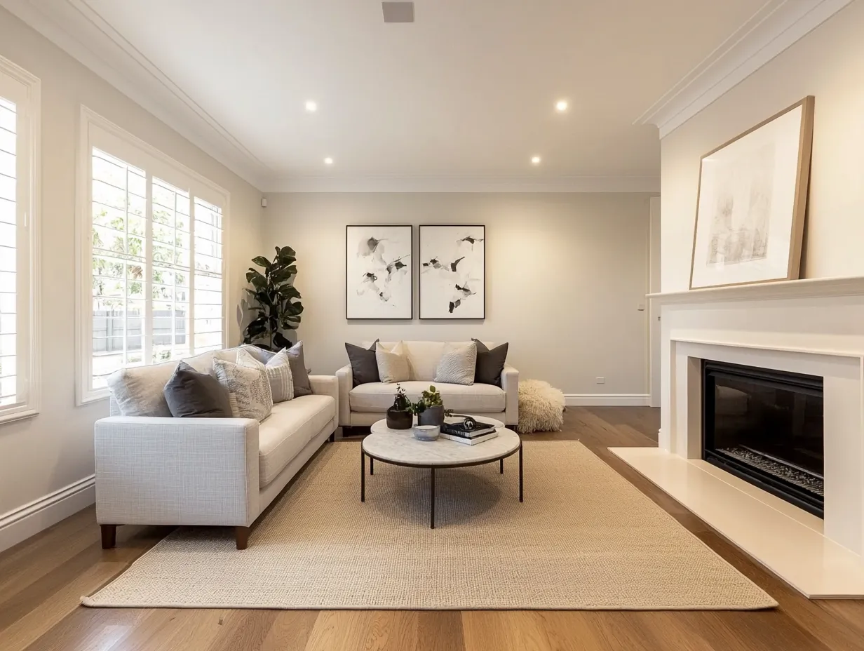 Painted living room in warm neutrals with white ceiling and trims