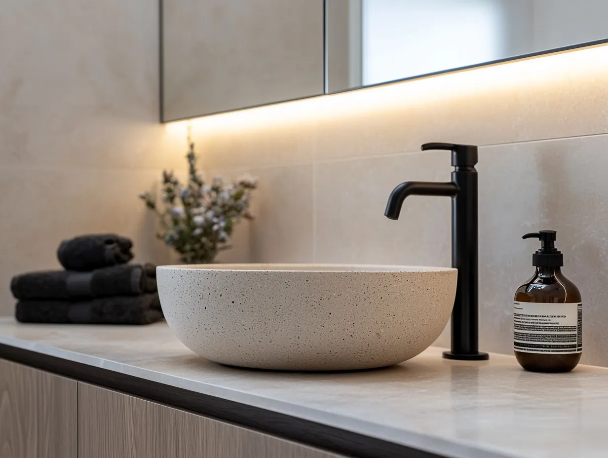 Stone vessel basin on floating timber vanity with matte black tapware