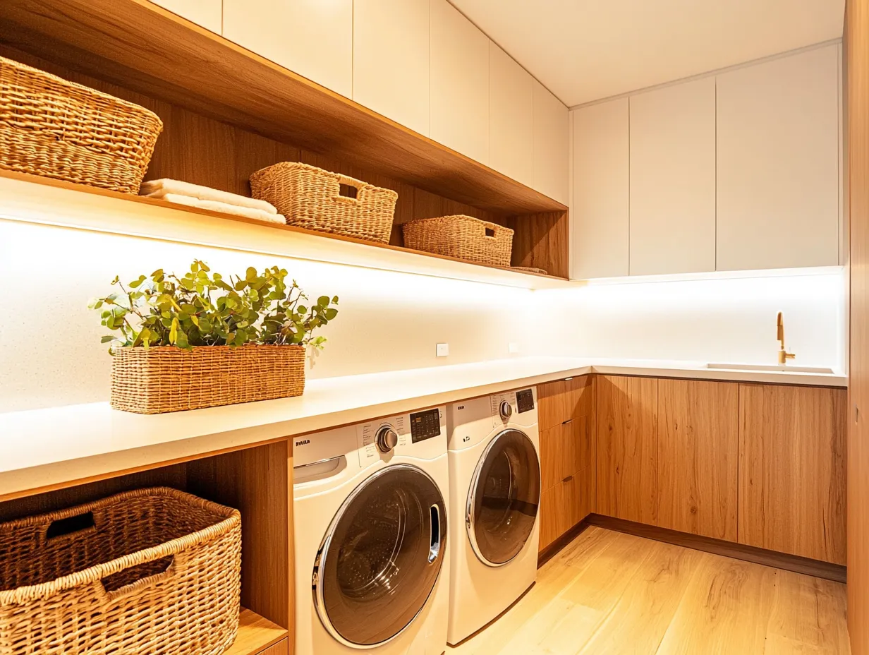 Warm oak laundry with open shelving and woven baskets