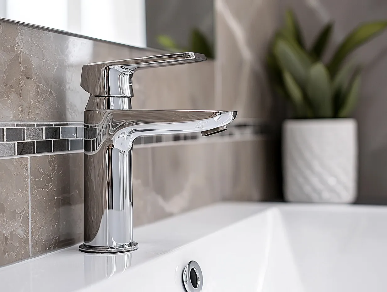 Square chrome mixer over white basin with mosaic tile detailing