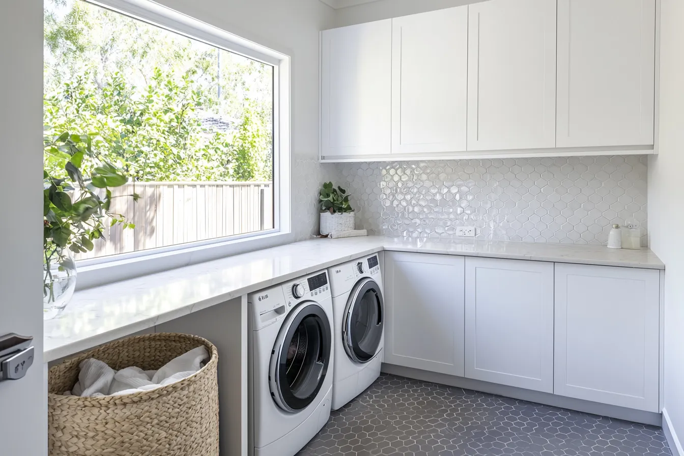L-shaped white laundry with stone bench and hexagon floor tiles