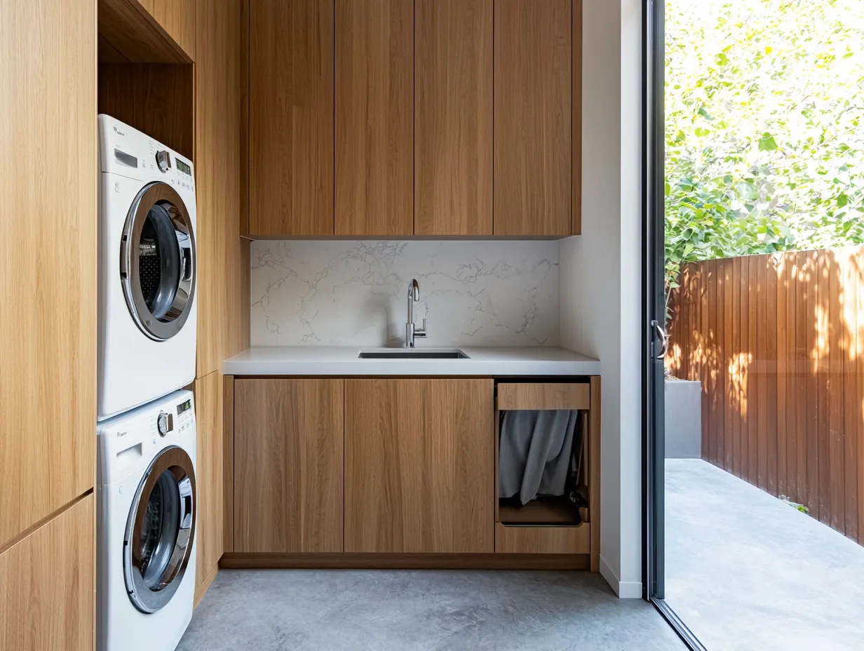 Timber veneer laundry with stacked washer dryer and marble splashback