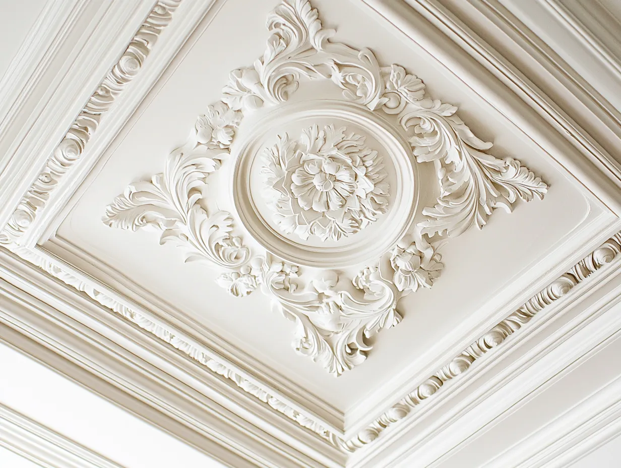 Square plaster ceiling panel with floral centre